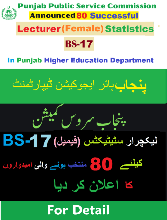 Final List Of Successful Lecturer Statistics (Female) Recommended For Appointment In Punjab Higher Education Department